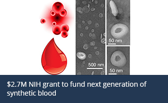 Illustration of synthetic blood product next to microscopic images
